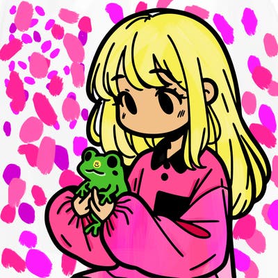 girl with long hair and a oversized shirt. and she is holding a frog