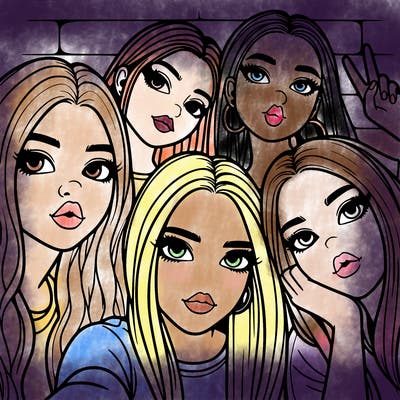 group of teen girls friends y2k up close in a selfie