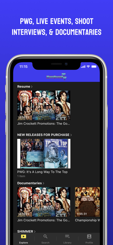 HighSpots TV - HighSpots TV mobile app interface displaying professional wrestling documentaries and indie events