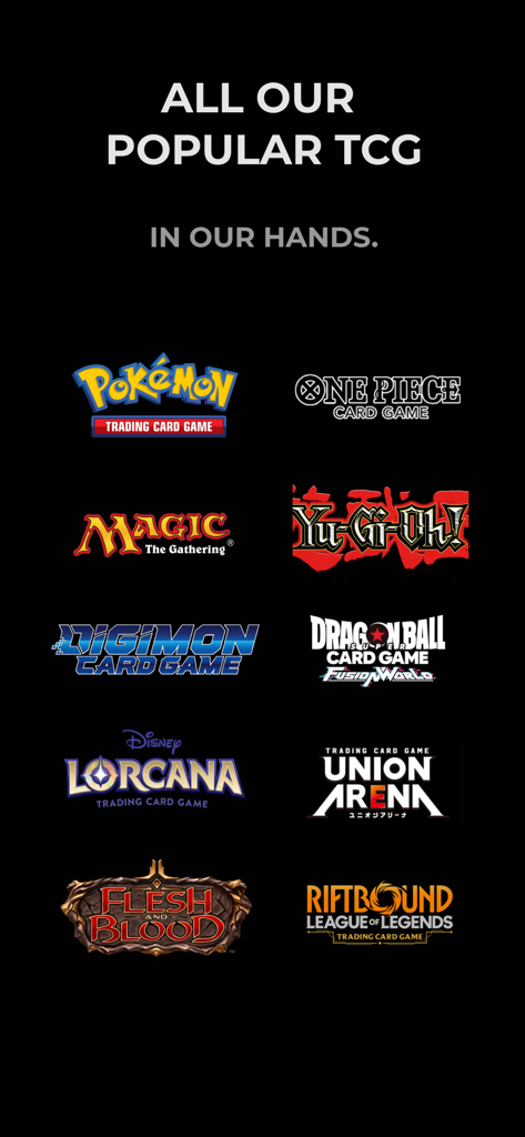 A display of popular trading card game logos including Pokemon Magic and Yu-Gi-Oh supported by the app