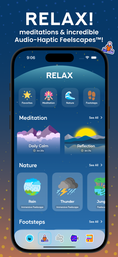 Tappy: Self Care Fidgeter - Tappy app interface displaying various meditation sessions and immersive audio haptic feelscapes for relaxation