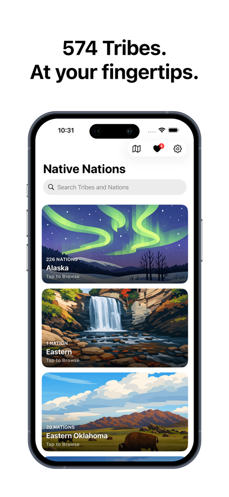 Native Nations - L'écran d'accueil de l'application Native Nations affichant les catégories tribales par région telles que l'Alaska et l'Est de l'Oklahoma avec une barre de recherche.