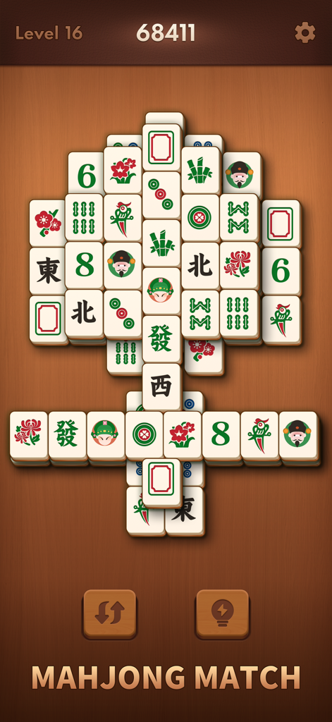 Gameplay screen of Mahjong Blast showing large, clear tiles arranged in a classic mahjong solitaire puzzle
