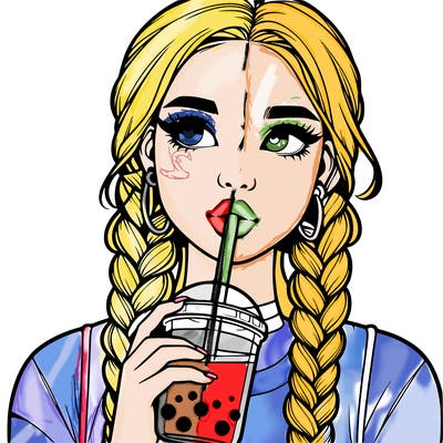 realistic girl with braided hair drinking boba