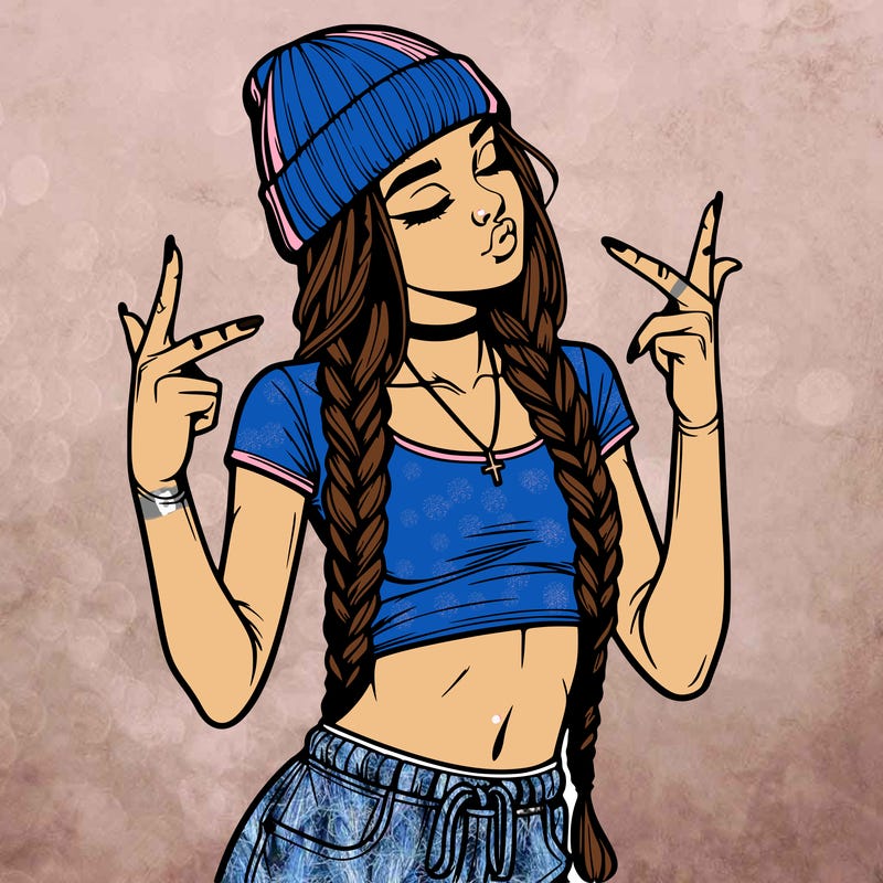 realistic teenage girl with braids and a beanie and crop top doing 🫶🏼