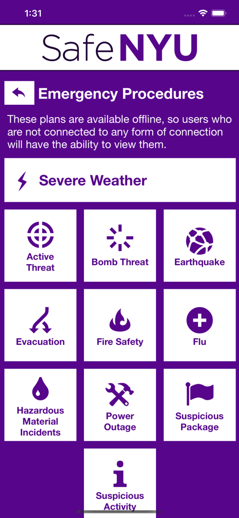 Pantalla de la aplicación Safe NYU mostrando una cuadrícula de categorías de procedimientos de emergencia como seguridad contra incendios y amenaza activa