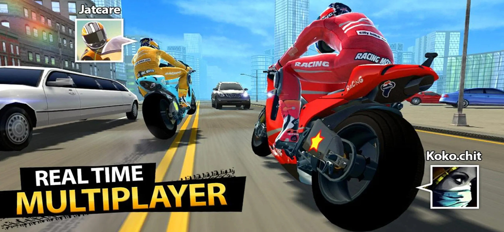 Highway Moto Rider 2 Bike Game - Real time multiplayer bike racing on a busy city highway with two motorcycles dodging traffic.