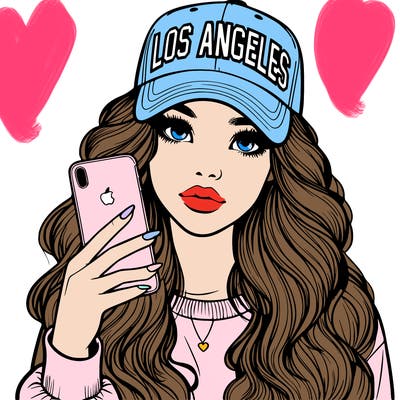 realistic beautiful girl wearing los ángeles cap holding an iphone
