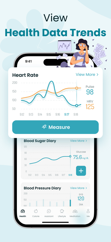 Interfaz de la aplicación móvil que muestra gráficos de tendencias de frecuencia cardíaca, azúcar en sangre y presión arterial a lo largo del tiempo.