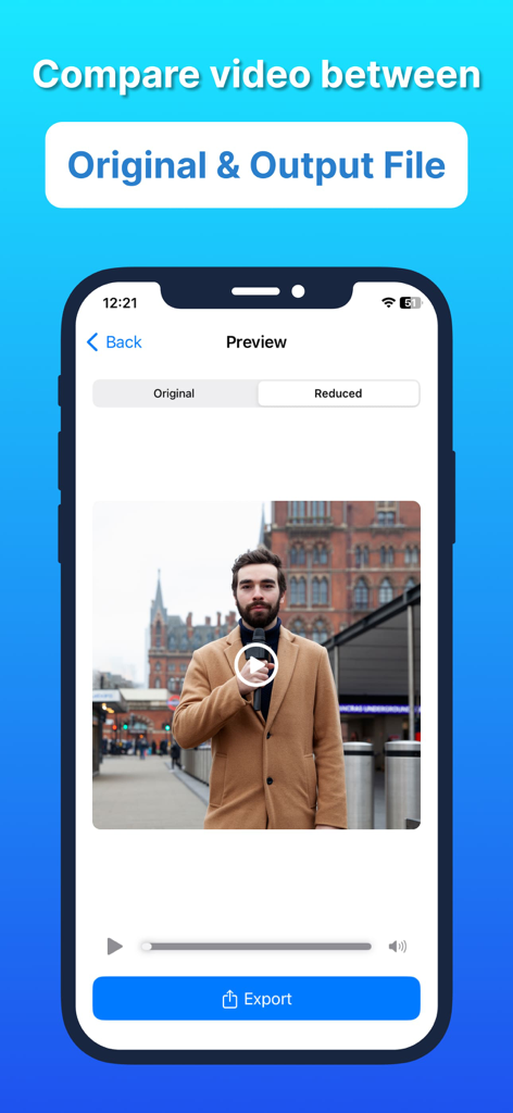 Audio Video Noise Reducer AI - Vergleichsvorschau-Bildschirm der App Audio Video Noise Reducer AI mit Original- vs. reduzierten Audiooptionen für ein Video