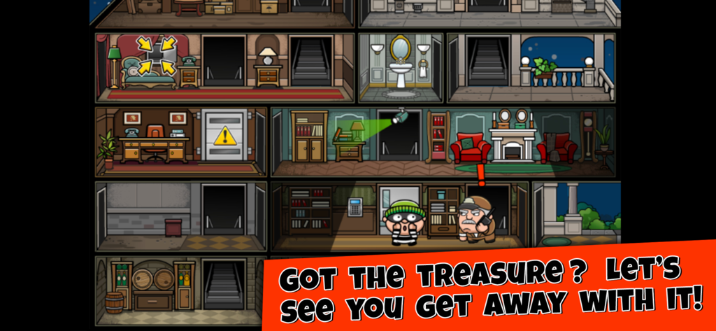 Bob The Robber 4 - Jugabilidad de Bob the Robber 4 mostrando a Bob escabulléndose por las habitaciones de un edificio para evitar guardias y cámaras de seguridad