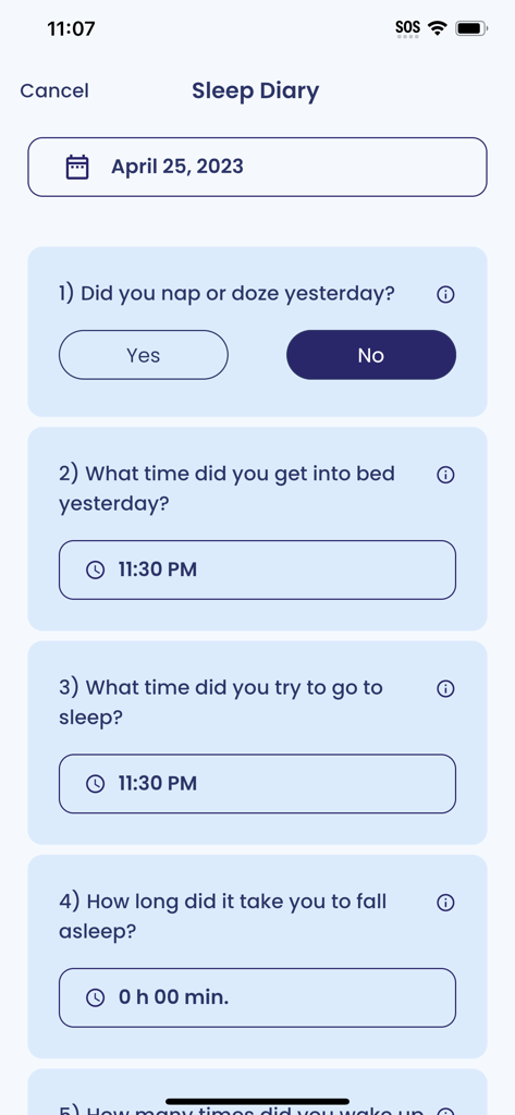 Sleep diary interface in the CBT-i Coach app showing daily questions for tracking sleep patterns