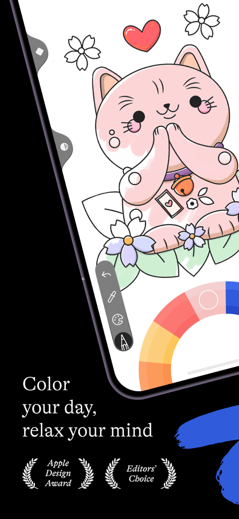 Lake: Coloring Book for Adults - A pink cat illustration on the Lake coloring app interface with Apple Design Award and Editors Choice badges.