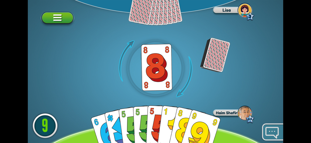 Digital gameplay of the TAKI card game app showing a player hand and game board with colorful numbered cards