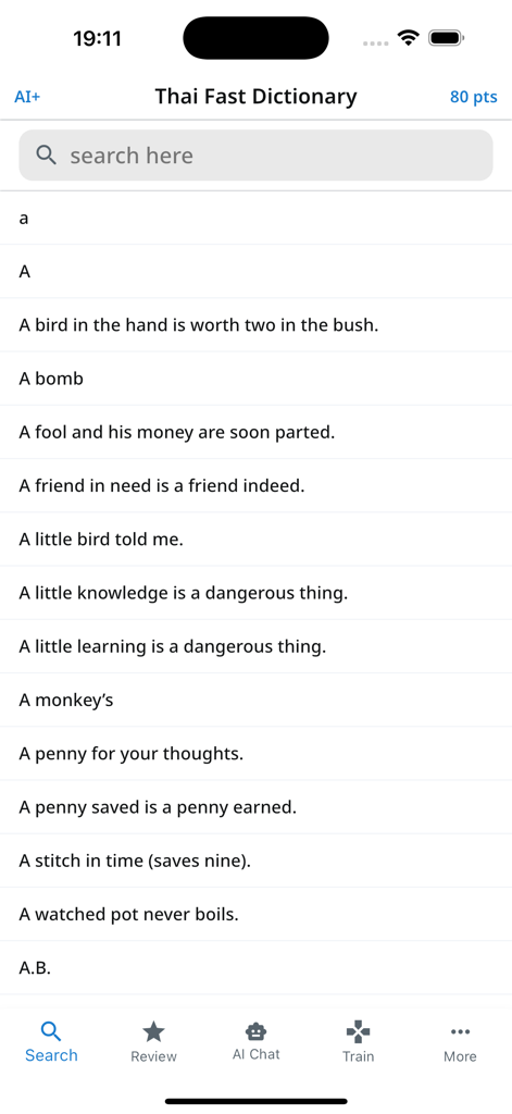 Thai Fast Dictionary - Thai Fast Dictionary app search screen displaying a list of English idioms and phrases starting with the letter A.