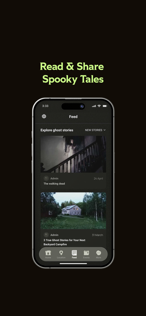 GHOST - Smartphone screen displaying a feed of ghost stories and spooky tales in the GHOST app.