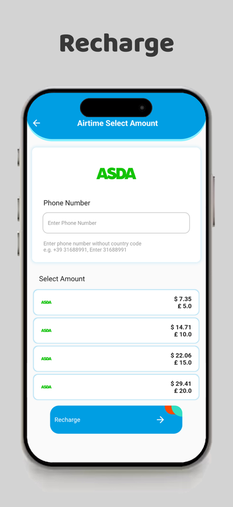 WiseUp Solution - Wallet - WiseUp Solution Wallet app screen showing international mobile airtime recharge options for ASDA