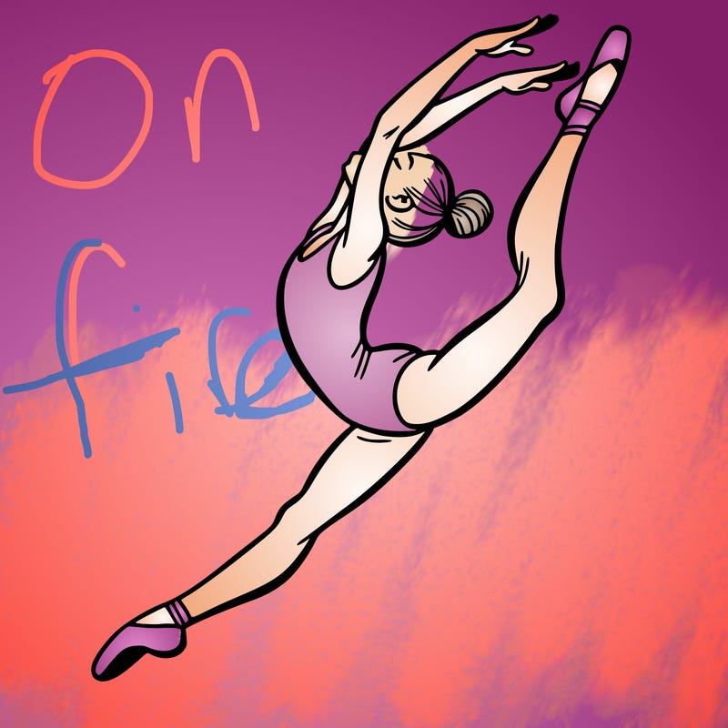 gymnast doing a leap in a leotard with a bent back leg