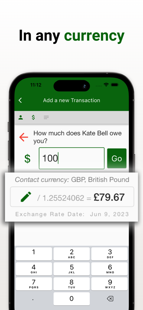 Écran de l'application PayMeLater montrant une saisie de transaction avec conversion automatique des devises de dollars en livres sterling