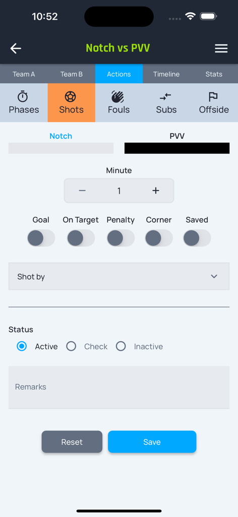 SML Manager - Interface for logging live soccer match events and shot statistics in the SML Manager app