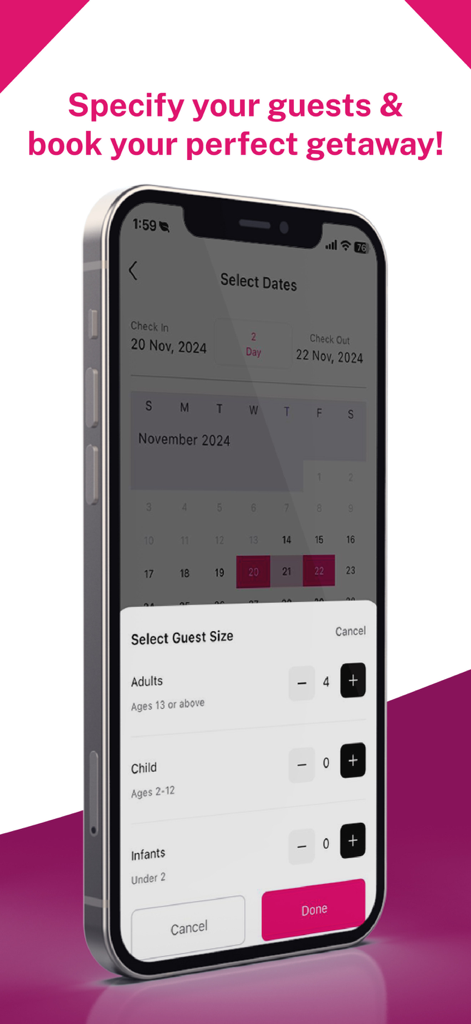 Travela - Travela app interface for selecting travel dates and the number of guests for a homestay booking