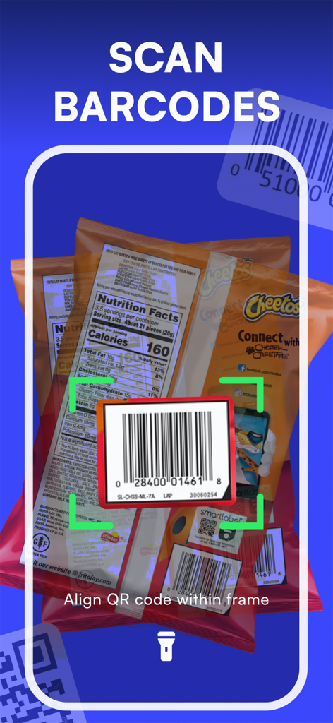 Mobile app interface scanning a barcode on a snack bag with a green frame alignment tool.
