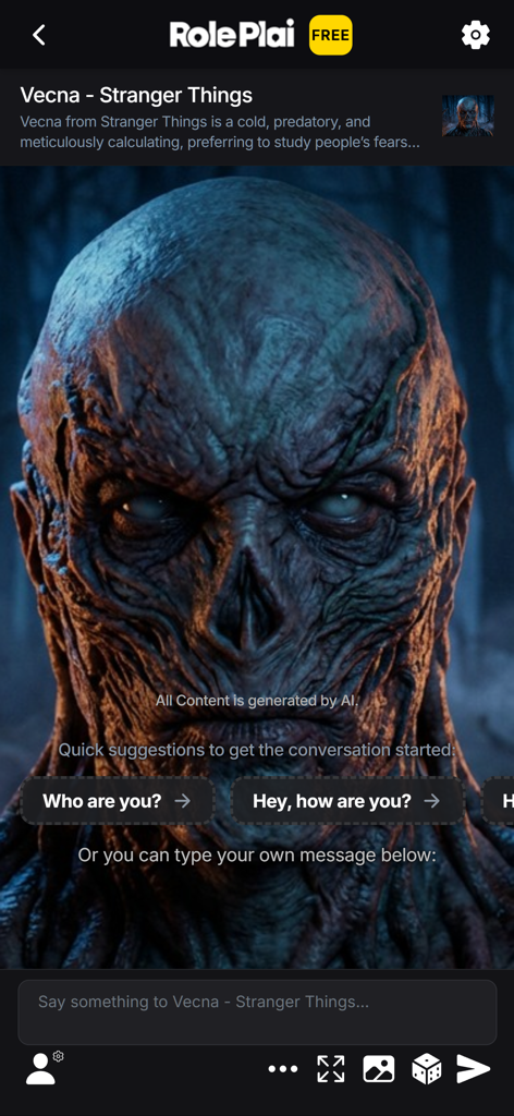 AI character chat interface with Vecna from Stranger Things in RolePlai app