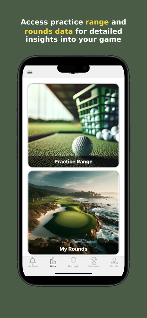 aG Locker - aG Locker app screen displaying practice range and golf rounds data for performance insights
