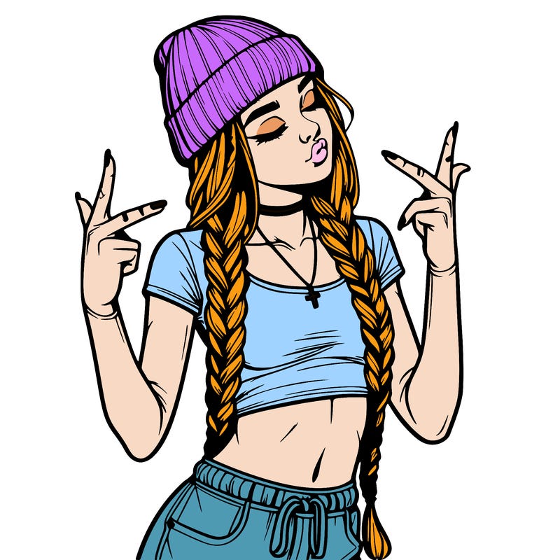 realistic teenage girl with braids and a beanie and crop top doing 🫶🏼