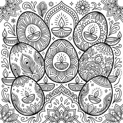 Discover a unique blend of festive joy with our Diwali Easter Eggs coloring page. This intricate design features beautifully patterned eggs alongside traditional Diwali diyas and rangoli-inspired motifs, offering a delightful and engaging artistic challenge.