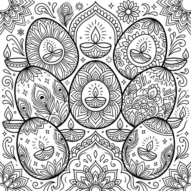 Discover a unique blend of festive joy with our Diwali Easter Eggs coloring page. This intricate design features beautifully patterned eggs alongside traditional Diwali diyas and rangoli-inspired motifs, offering a delightful and engaging artistic challenge.