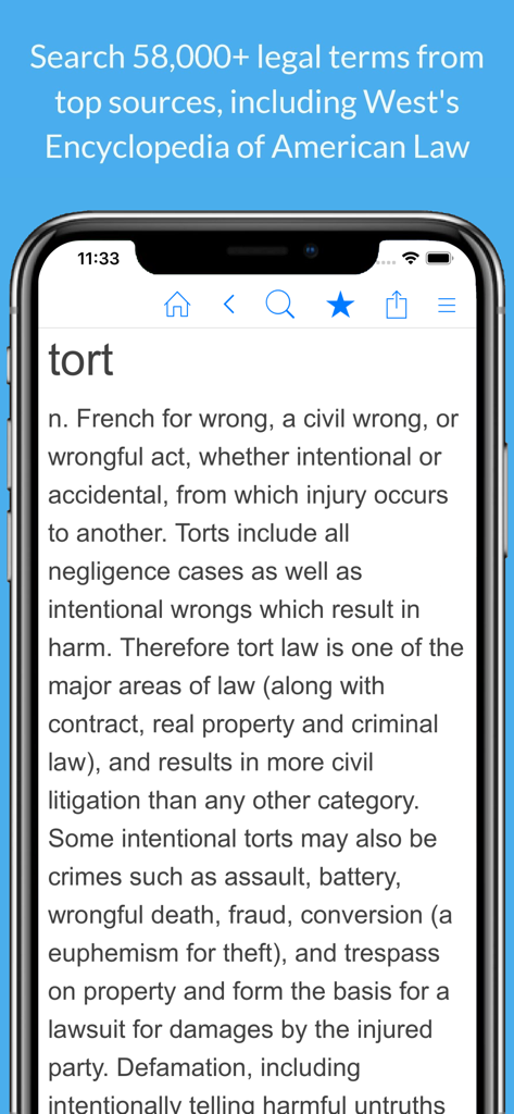 A smartphone screen displaying the definition of the legal term tort from Wests Encyclopedia of American Law in the Farlex app.