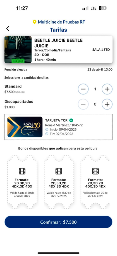 Cinemas Royal Films - 영화 비틀쥬스 티켓 가격 및 선택을 보여주는 시네마스 로열 필름 앱의 인터페이스.