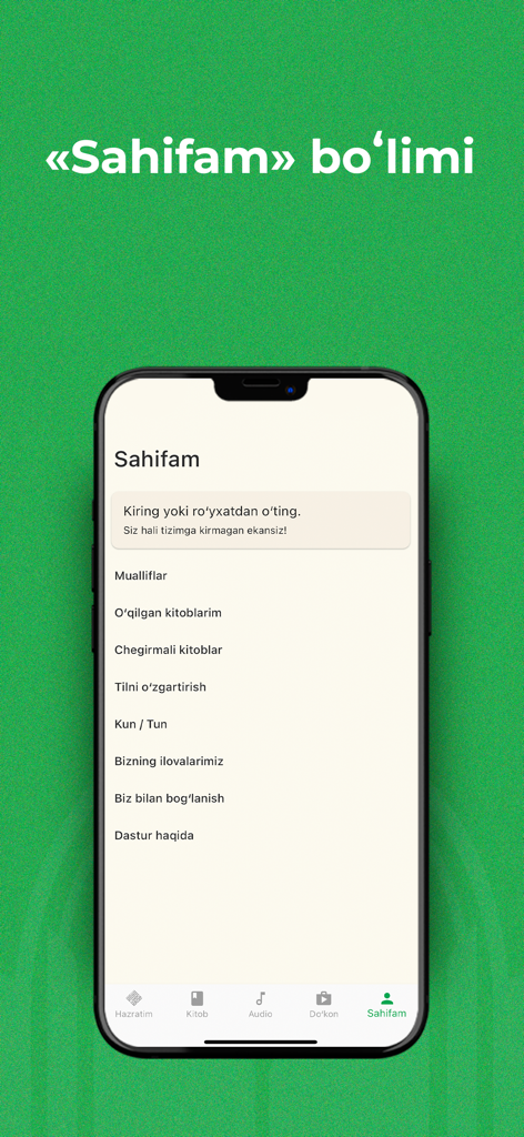 Hilol eBook mobile app profile settings and user account screen in Uzbek