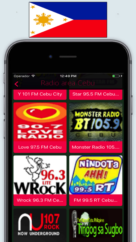 Radio Philippines FM / Live Radyo Stations Online - Radio Philippines app interface displaying live radio stations from Cebu