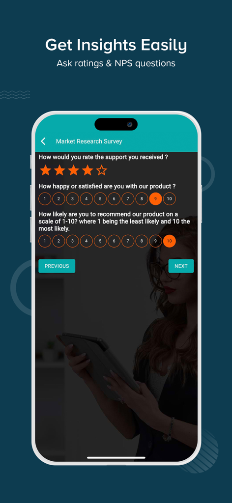 GoSurvey - Offline Survey - Interface of the GoSurvey app showing a market research survey with star ratings and Net Promoter Score questions.