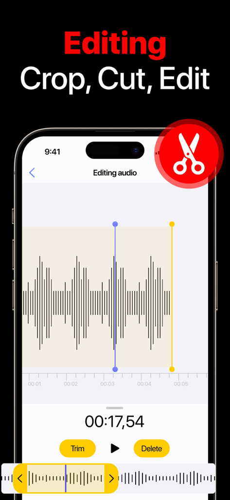 Voice Recorder - Voice Memosㅤ - Smartphone interface showing an audio waveform with crop and trim editing tools