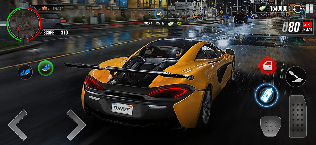 Car Drifting Night Driving - A yellow sports car driving on a wet city street at night with reflections and game UI overlays.