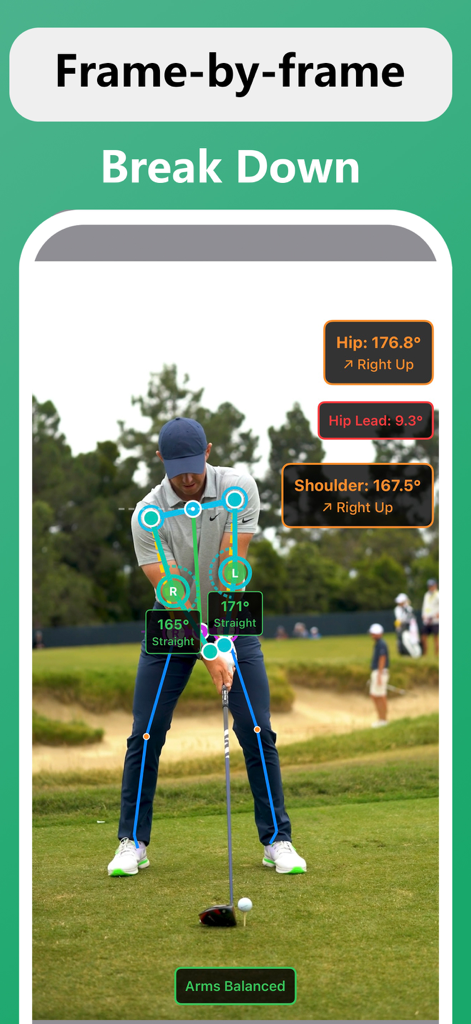 Golf swing analysis screen showing AI skeletal tracking and biomechanical measurements in SwingAi app