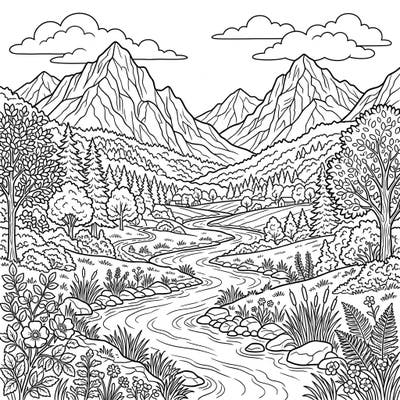Immerse yourself in the tranquility of nature with this beautiful valley coloring page designed for seniors. Featuring majestic mountains, a flowing river, and lush foliage, it offers a calming and engaging artistic escape.