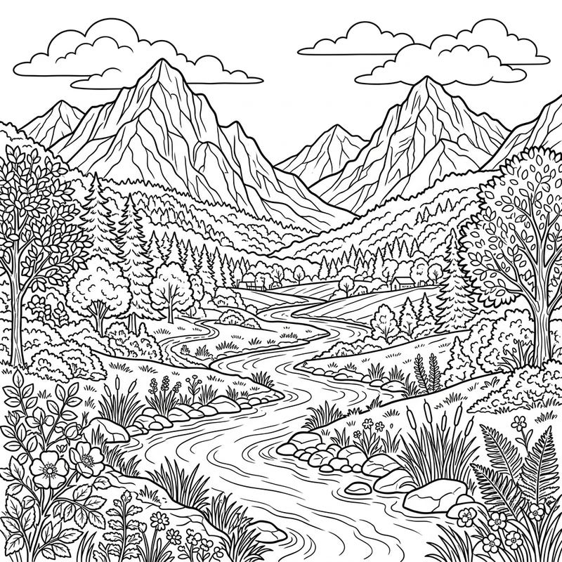 Immerse yourself in the tranquility of nature with this beautiful valley coloring page designed for seniors. Featuring majestic mountains, a flowing river, and lush foliage, it offers a calming and engaging artistic escape.