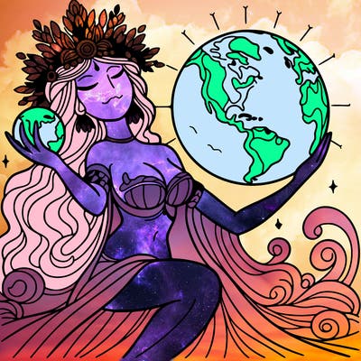 a goddess holding the earth in her hands