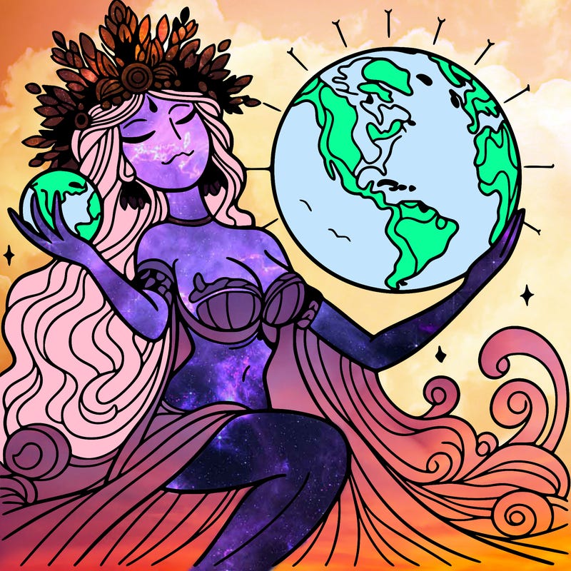 a goddess holding the earth in her hands