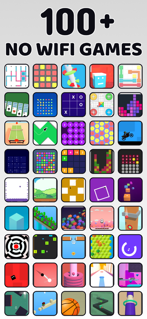 No WiFi Games - Offline Games - Grid of icons showing over 100 offline mobile games for no wifi play