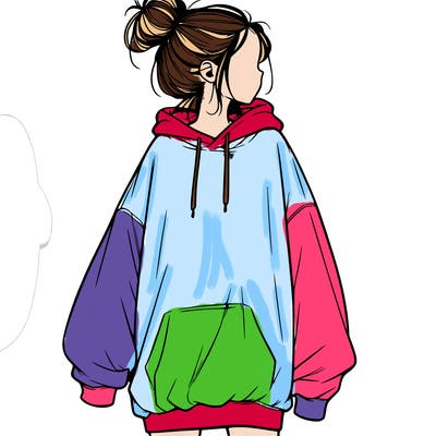 realistic girl with a oversized sweatshirt on and a bun