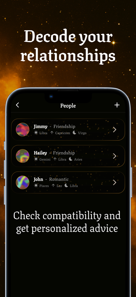 Universe AI: Soulmate Drawing - A mobile app interface titled Decode your relationships showing astrological compatibility for friends and romantic interests.