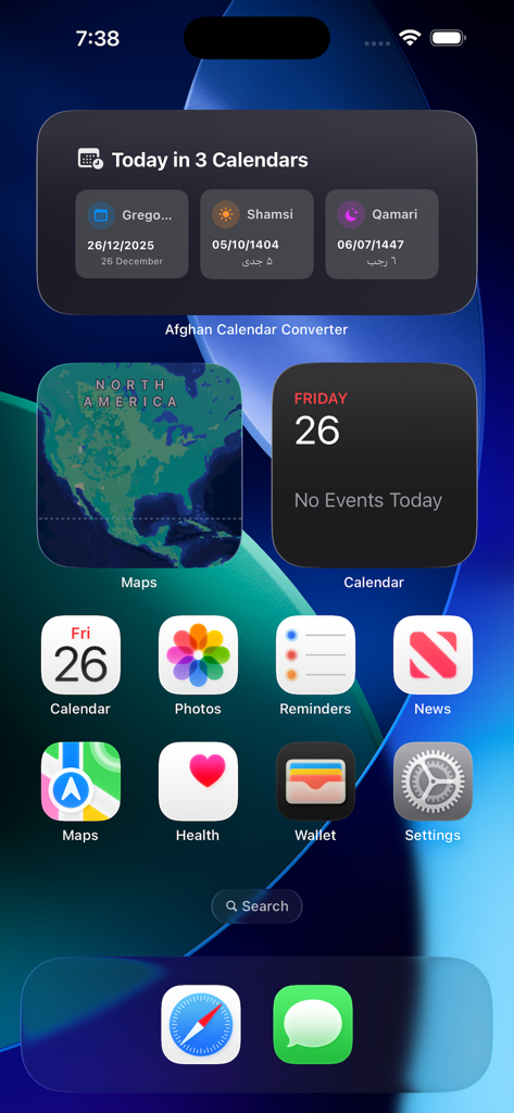 Afghan Calendar Converter - Afghan Calendar Converter widget on an iPhone home screen displaying Gregorian, Shamsi, and Qamari dates side by side.