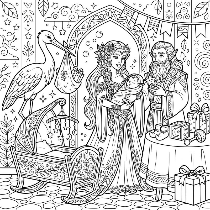Step into a heartwarming Elven Baby Shower scene, offering a delightful and intricate coloring challenge for teens. Immerse yourself in a world of fantasy as you bring this magical celebration to life with your favorite colors.