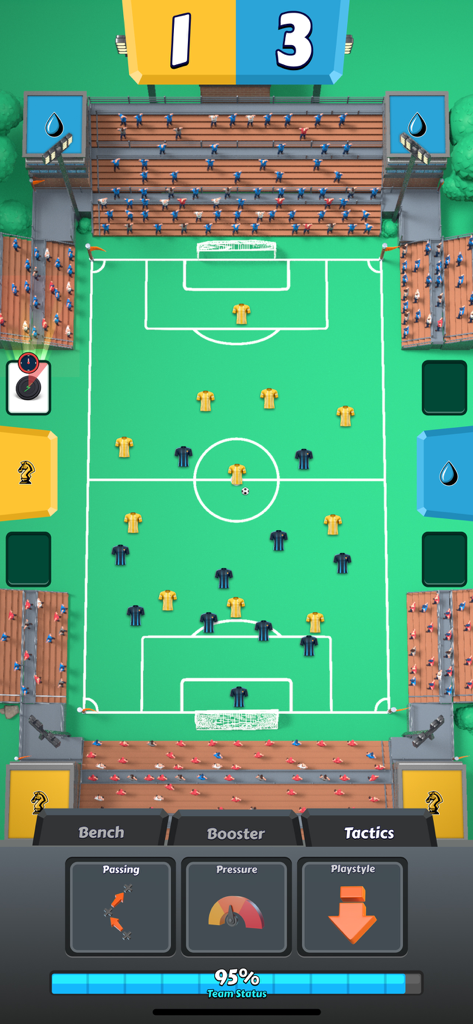 Live soccer match simulation in WFM 2025 showing player formations and tactical controls for passing and pressure