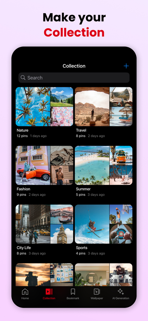 PinSaver: Save Pin Video - Screenshot of PinSaver app showing various curated image collections like Nature Travel Fashion and Summer